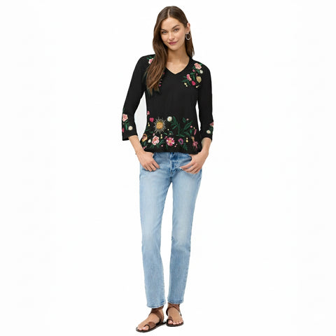 Johnny Was Ziviana 3/4 Trapunto Tee Floral Embroidery Cotton Shirt Black Top NEW