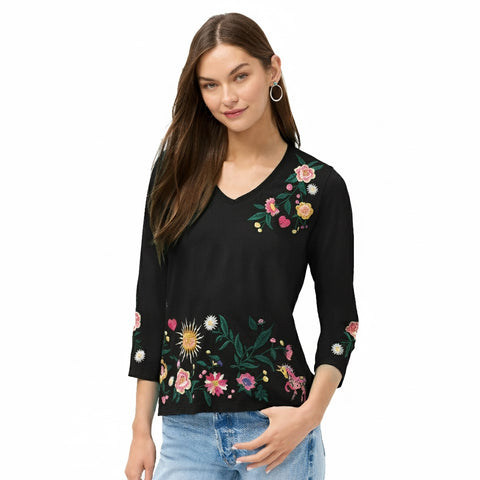 Johnny Was Ziviana 3/4 Trapunto Tee Floral Embroidery Cotton Shirt Black Top NEW