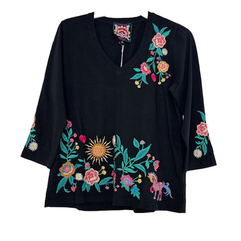 Johnny Was Ziviana 3/4 Trapunto Tee Floral Embroidery Cotton Shirt Black Top NEW