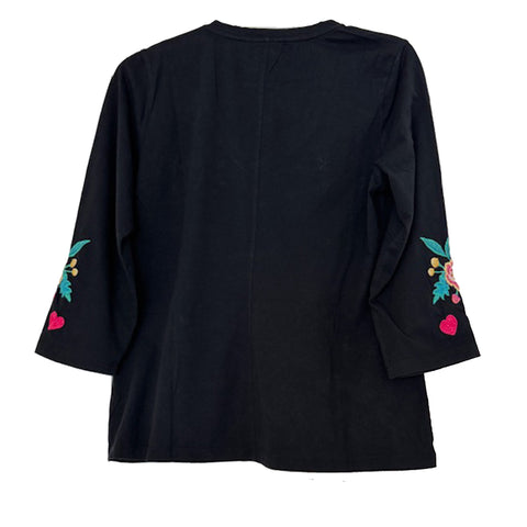 Johnny Was Ziviana 3/4 Trapunto Tee Floral Embroidery Cotton Shirt Black Top NEW