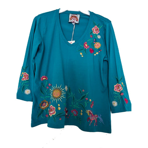 Johnny Was Ziviana Trapunto Tee Floral Embroidery Cotton Shirt Tile Blue Top NEW
