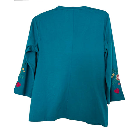 Johnny Was Ziviana Trapunto Tee Floral Embroidery Cotton Shirt Tile Blue Top NEW