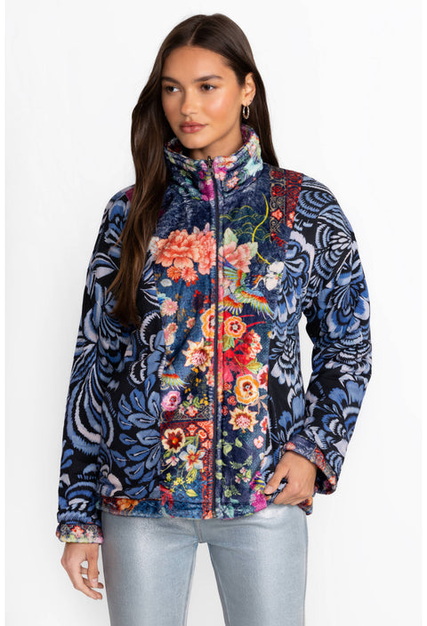 Johnny Was Joan Zip Cozy Sherpa Jacket Reversible Floral Mcdreamer Night Blue NEW