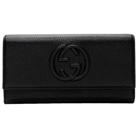 Gucci Soho Black Pebbled Leather Long Wallet Flap GG Large Authentic Italy NEW