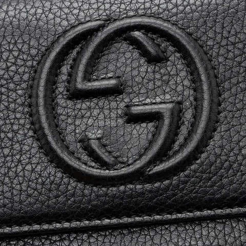 Gucci Soho Black Pebbled Leather Long Wallet Flap GG Large Authentic Italy NEW