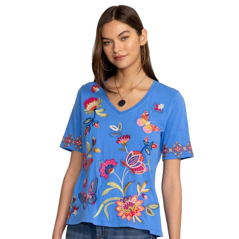 Johnny Was Gracey Trapunto Tee Ultramarine Blue Shirt Floral Embroidery Top NEW