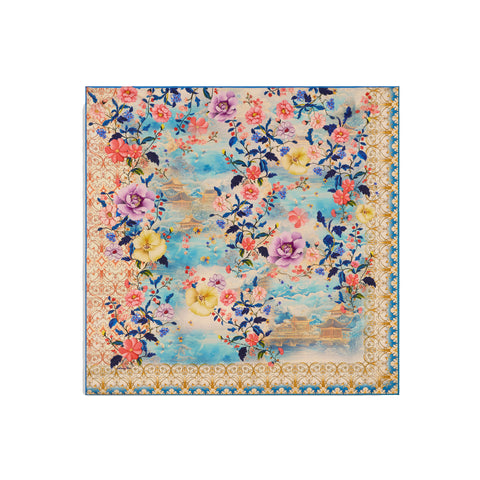 Johnny Was Chemis Medium Silk Scarf Floral Square Blue Flowers Beige Scarves NEW