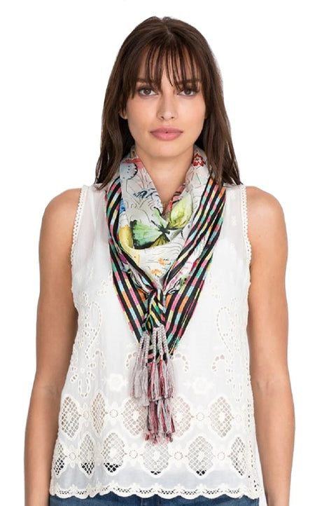 Johnny Was Mitchie Butterfly Silk Scarf Square Large Floral Tassels White NEW
