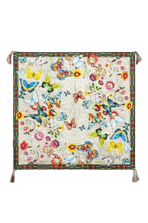 Johnny Was Mitchie Butterfly Silk Scarf Square Large Floral Tassels White NEW