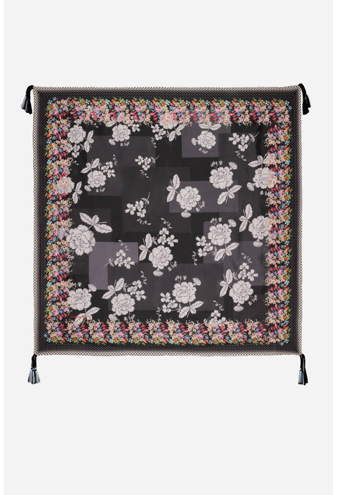 Johnny Was Redland Silk Scarf Square Large Floral Scarves Black White Tassel New