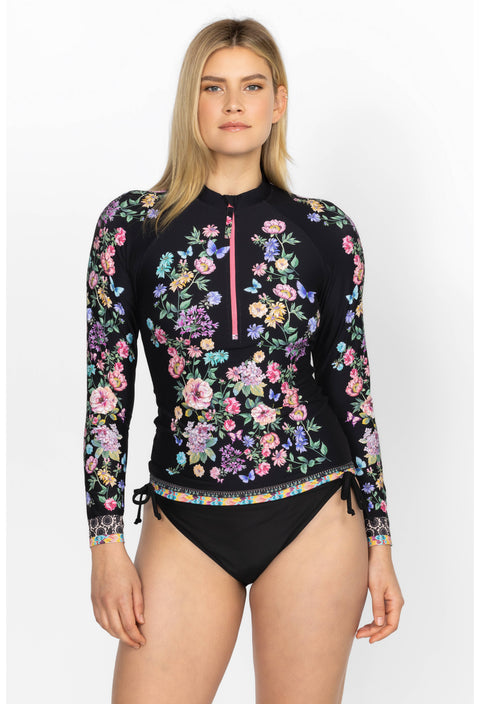 Johnny Was Butterfly Surf Shirt Swimwear Zipper Long Floral Black Rash Guard NEW