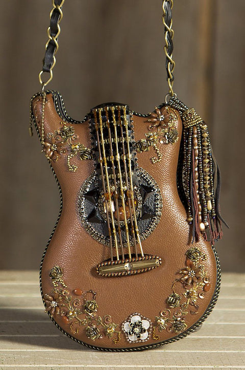 Mary Frances Special Hall Of Fame Bag Guitar Brown Beaded Handbag Music Tan New