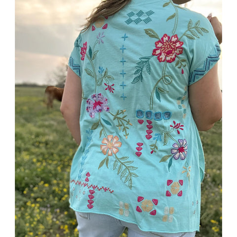 Johnny Was Katie Relaxed Drape Tee Shirt Marine Blue Top Floral Embroidered XL NEW