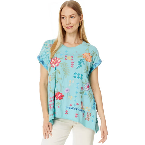 Johnny Was Katie Relaxed Drape Tee Shirt Marine Blue Top Floral Embroidered XL NEW