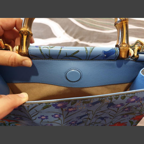 Gucci Nymphae Azure Shanghai Leather Handbag Snap Floral Blue Gold Bag Purse NEW