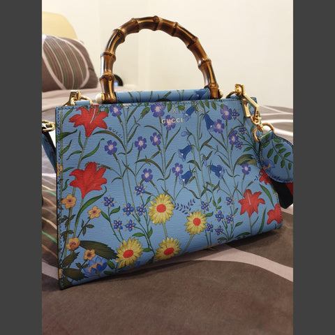 Gucci Nymphae Azure Shanghai Leather Handbag Snap Floral Blue Gold Bag Purse NEW