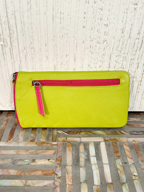 ILI New York Leather Eyeglass Case Zippered Glasses Wallet Pear Green Pink NEW