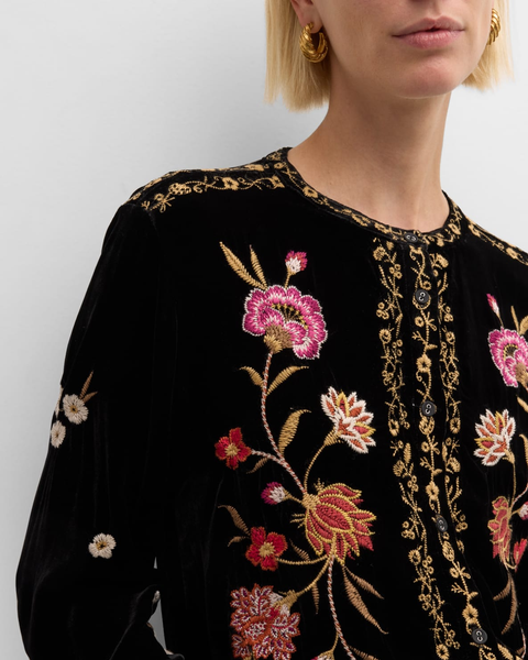 Johnny Was Quinn Velvet Mandarin Shirt Long Sleeves Embroidered Top Black NEW