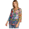 Johnny Was Janie Favorite Button Front Henley Neutra Blue Shirt Floral Top New