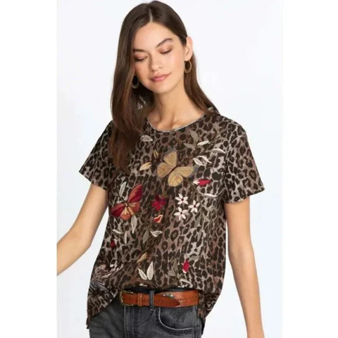 Johnny Was Penelope Shirt Leopard Brown Top Butterfly Tee Short Embroidery NEW