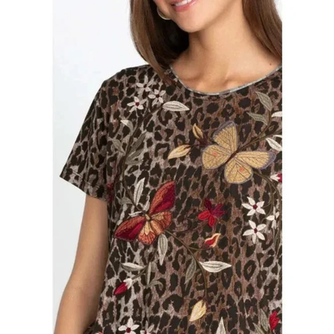 Johnny Was Penelope Shirt Leopard Brown Top Butterfly Tee Short Embroidery NEW
