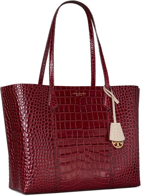 Tory Burch Perry Croc Embossed Three Compartment Tote Bag Red Leather Handbag New