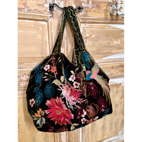 Johnny Was Ashira Velvet Tote Bag Floral Bird Tiger Eye Brown Handbag Purse New