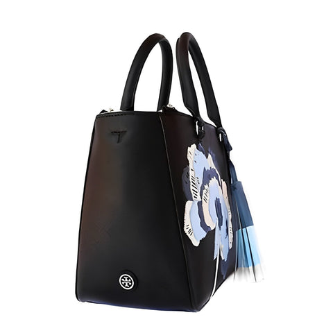 Tory Burch Robinson Floral Appliqué Tote Shoulder Handbag Black Blue Purse New