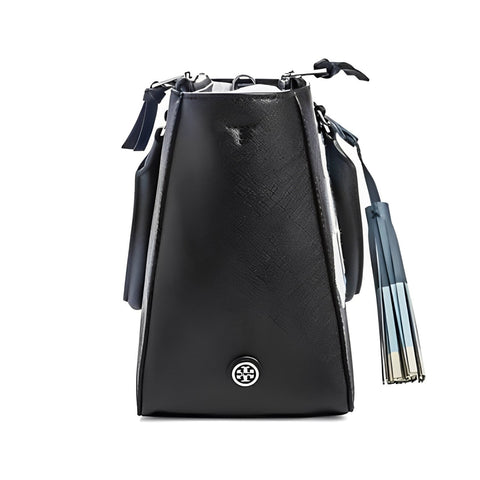 Tory Burch Robinson Floral Appliqué Tote Shoulder Handbag Black Blue Purse New