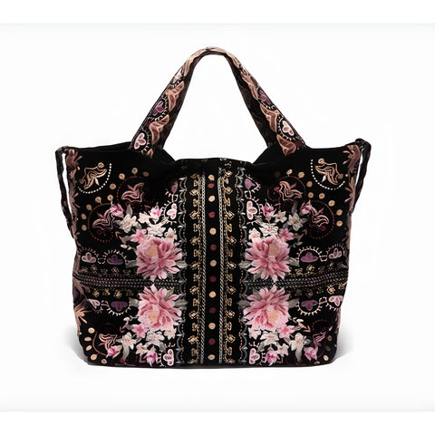 Johnny Was Joanna Velvet Embroidery Flowers Black Shoulder Tote Bag Handbag NEW