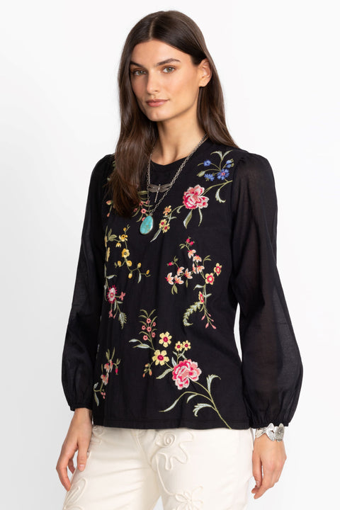 Johnny Was Sophie Mixed Media Tee Cotton Floral Embroidered Shirt Black Top NEW