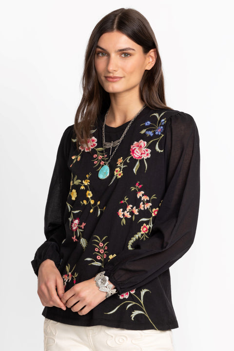Johnny Was Sophie Mixed Media Tee Cotton Floral Embroidered Shirt Black Top NEW
