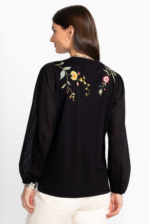 Johnny Was Sophie Mixed Media Tee Cotton Floral Embroidered Shirt Black Top NEW