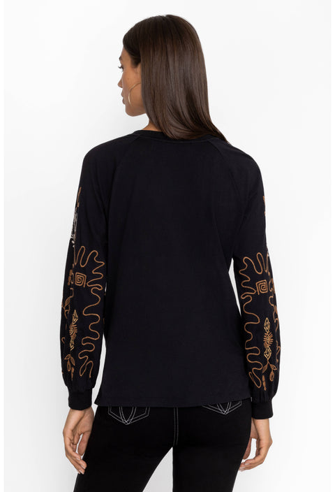Johnny Was Raglan Bishop Long Floral Embroidered Tee Black Shirt Top Large NEW