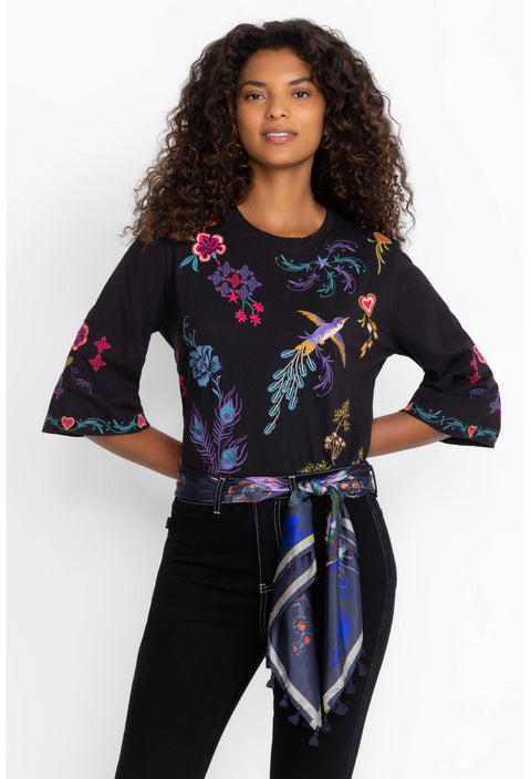 Johnny Was Ariela Boxy Tee Embroidery Cotton Swing Floral Shirt Black Top XXL NEW