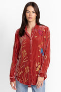 Johnny Was Aria Oversized Shirt Floral Embroidery Velvet Denim Blue Top New