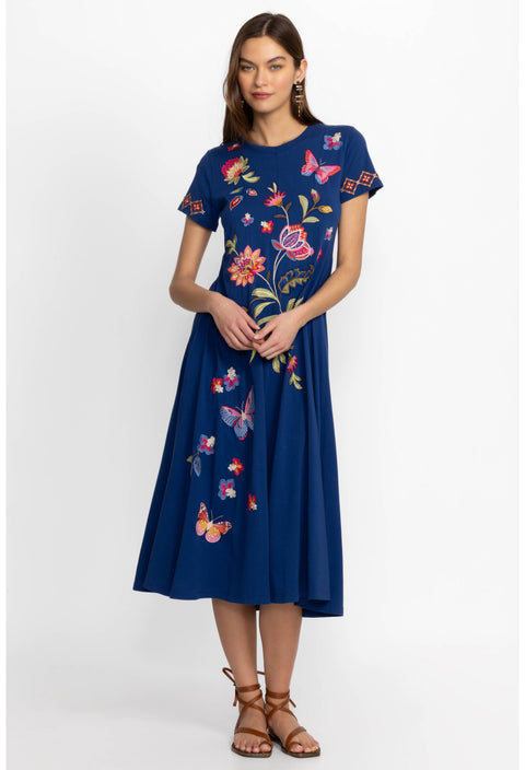 Johnny Was Gracey Crew Swing Long Dress Sailor Blue Floral Embroidered XXL NEW
