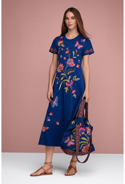 Johnny Was Gracey Crew Swing Long Dress Sailor Blue Floral Embroidered XXL NEW