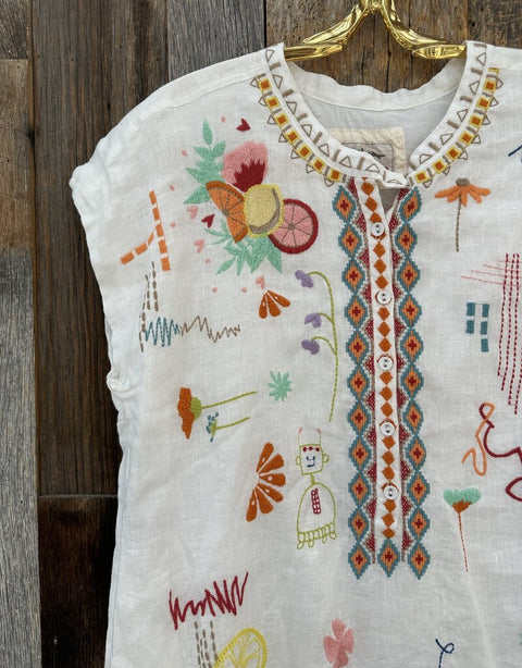 Johnny Was Lemona Dress Floral Embroidery Linen Natural Button Front White NEW