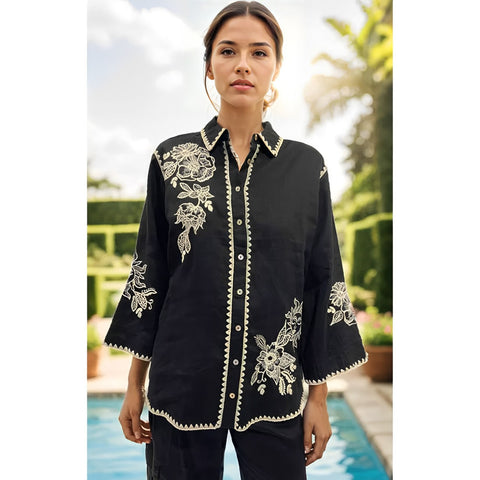 Johnny Was Addison Kimono Shirt Linen White Floral Embroidery Black Top Large NW