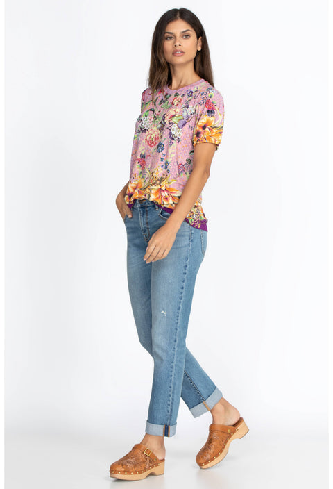 Johnny Was Topiary Puff Sleeve Floral Pink Violet Shirt Top Flower Knit Tee New