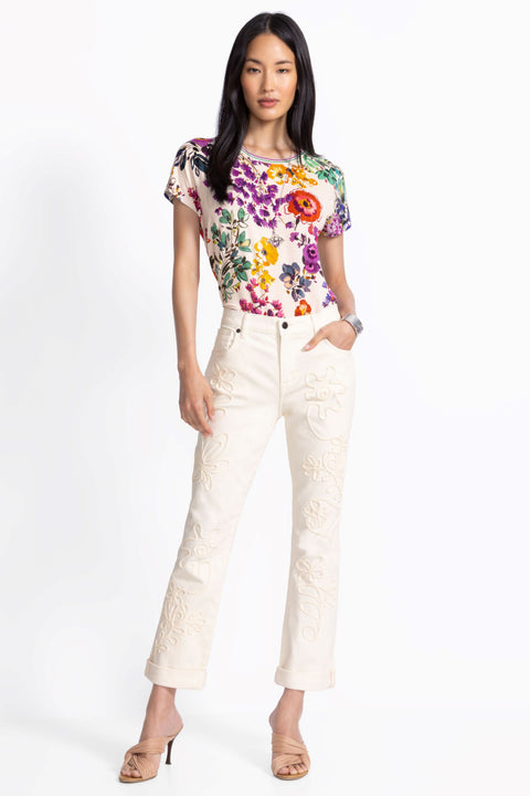Johnny Was Janie Favorite Evalon Dolman Tee Swing Shirt Floral Top Cream NEW