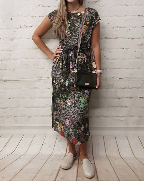 Johnny Was Zippy Tie Dress Flower Front Knit Floral Long Grey Dress XL Black NEW