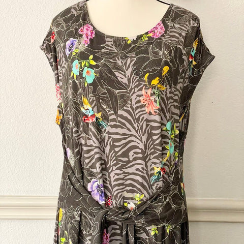 Johnny Was Zippy Tie Dress Flower Front Knit Floral Long Grey Dress XL Black NEW
