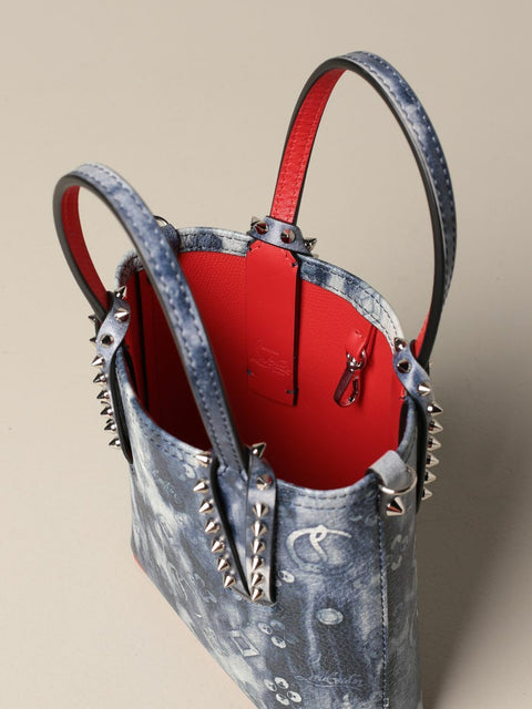 CHRISTIAN LOUBOUTIN Cabata Punk Leather Tote Blue Bag Handbag Small Denim New