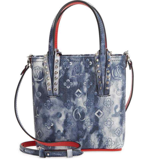 CHRISTIAN LOUBOUTIN Cabata Punk Leather Tote Blue Bag Handbag Small Denim New