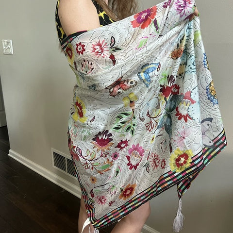 Johnny Was Mitchie Butterfly Silk Scarf Square Large Floral Tassels White NEW