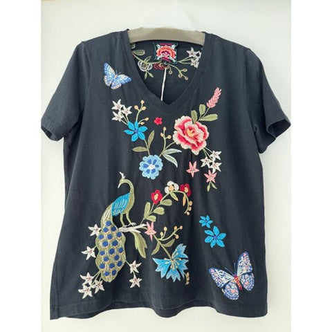 Johnny Was Nicolette V Neck Short Sleeve Ethereal Blue Tee Cotton Shirt Floral Embroidery Top NEW