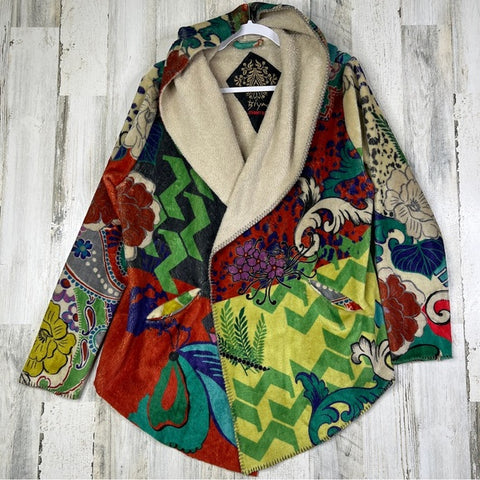 Johnny Was Peace Love Cozy Sherpa Pullover Hoodie Pocket Jacket Black Floral NEW