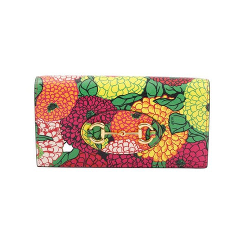 Gucci x Ken Scott Horsebit 1955 Wallet Leather Floral Gold Pink Italy Purse NEW